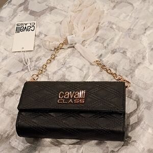 NWT Cavalli Class Black Quilted Clutch Bag with Gold Chain